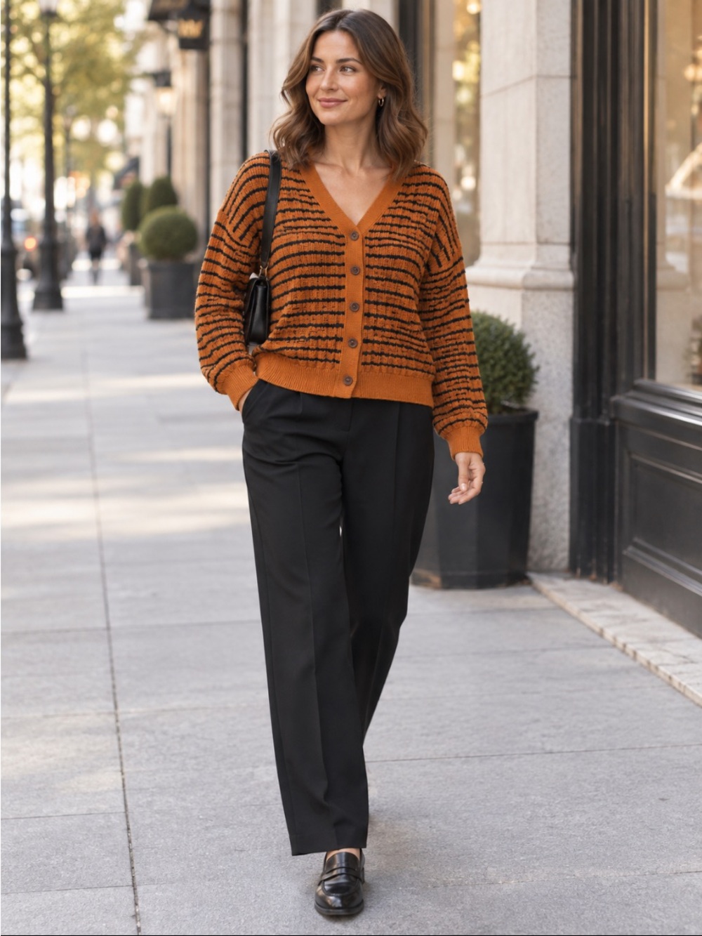67. Treasure & Bond Rust
Orange Black Striped
V-Neck Cardigan 2X